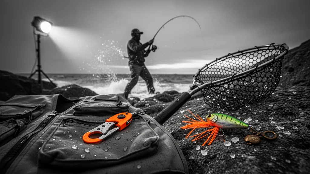 Collection d'accessoires de pêche posés sur une planche en bois : épuisette, pince, boîte à bas de ligne