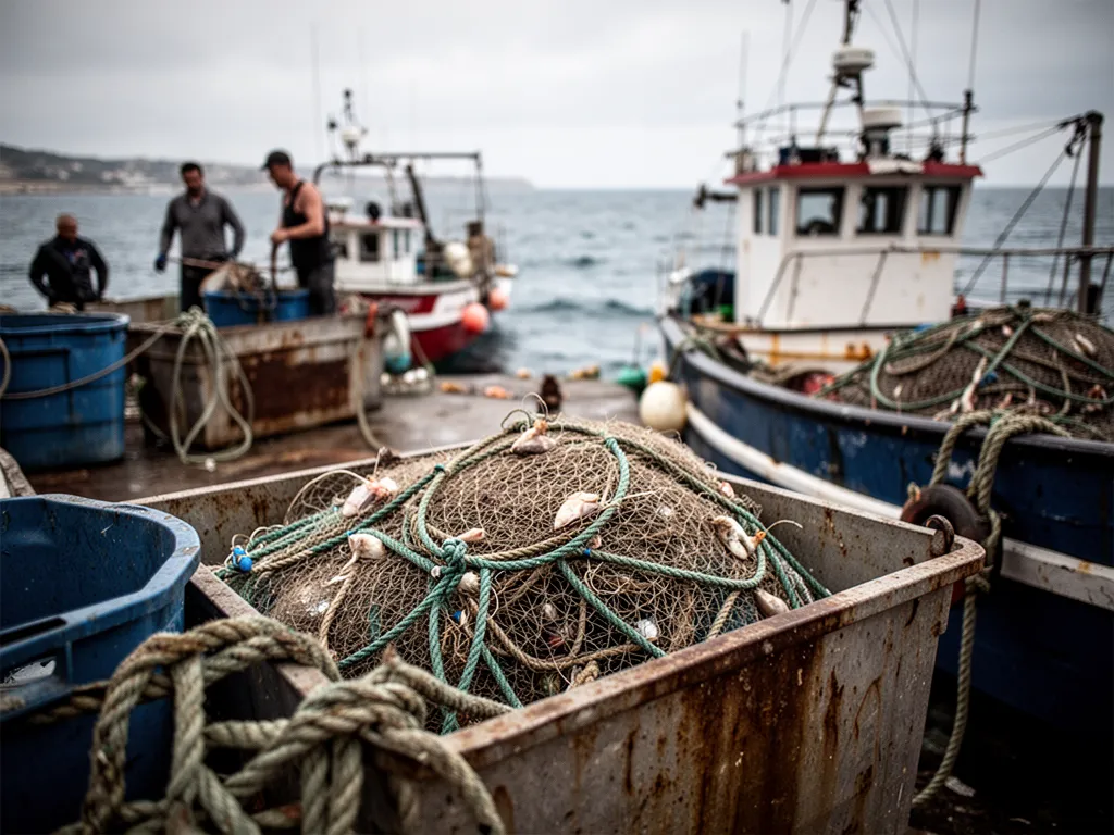 Bol de broume liquide et seau de morceaux de poisson sur une cale de port