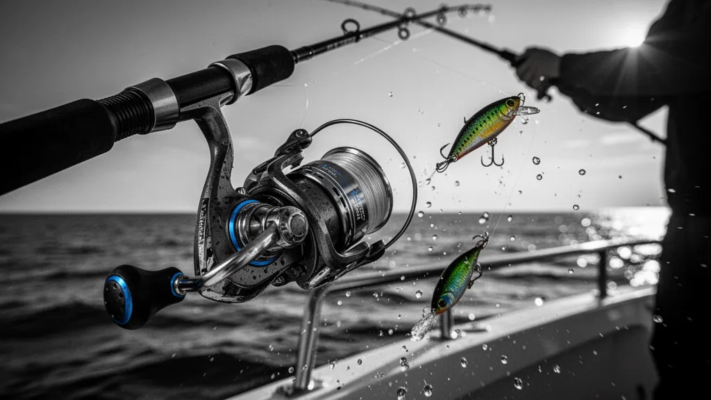 Moulinet spinning argenté accroché à une canne, vue sur un port au crépuscule