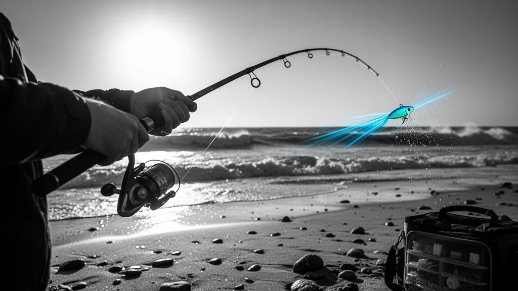 Silhouette de pêcheur au bord d'un lac au lever du jour, canne posée vers l'eau