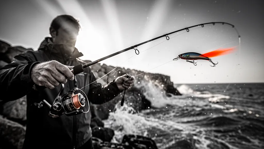 Pêcheur tenant une canne spinning depuis un rocher avec un moulinet visible et un leurre pendu