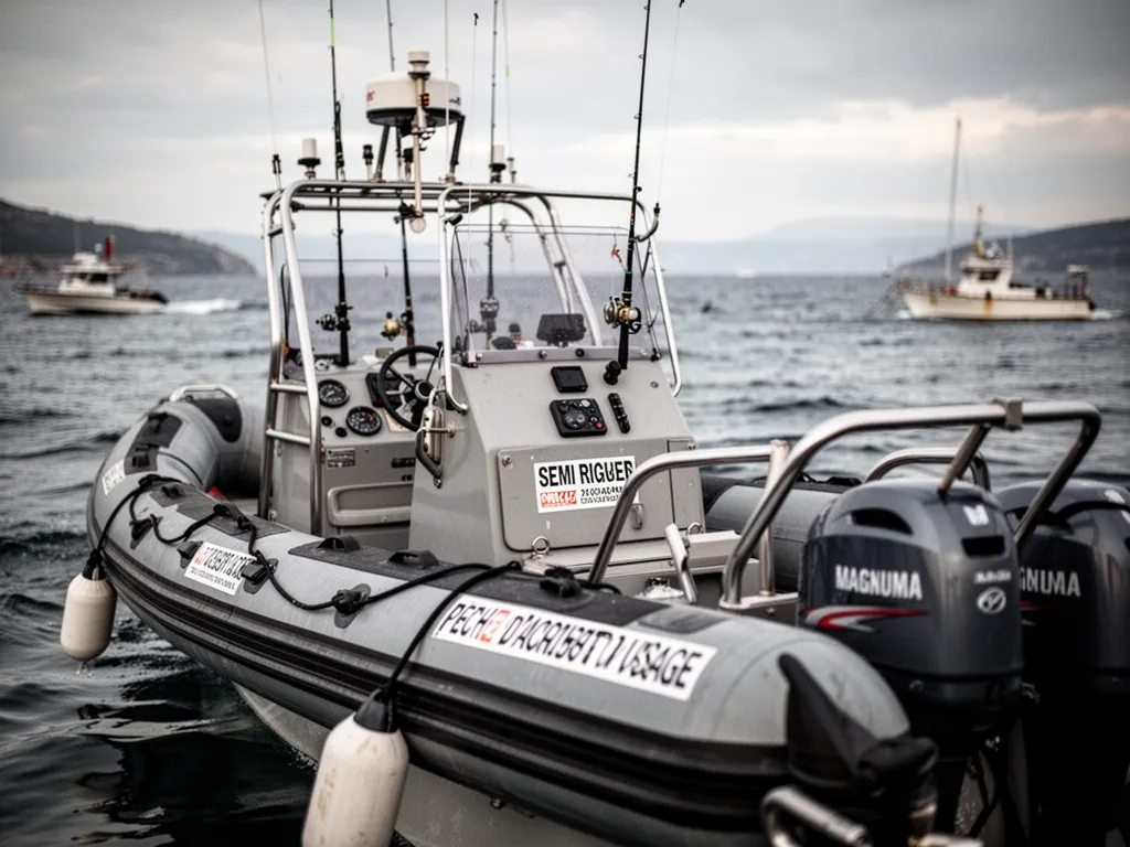Semi-rigide sur une cale, cannes et vivier prêts pour la pêche côtière