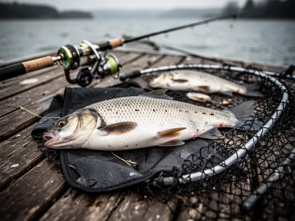 Pêcheur au bord de l'eau tenant une canne avec moulinet face à un plan d'eau calme